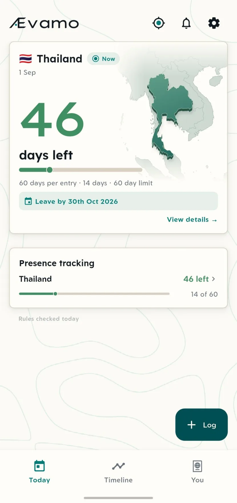The app's home screen: a current stay in Thailand, 46 days left of a 60-day visa-free entry, and the date to leave by